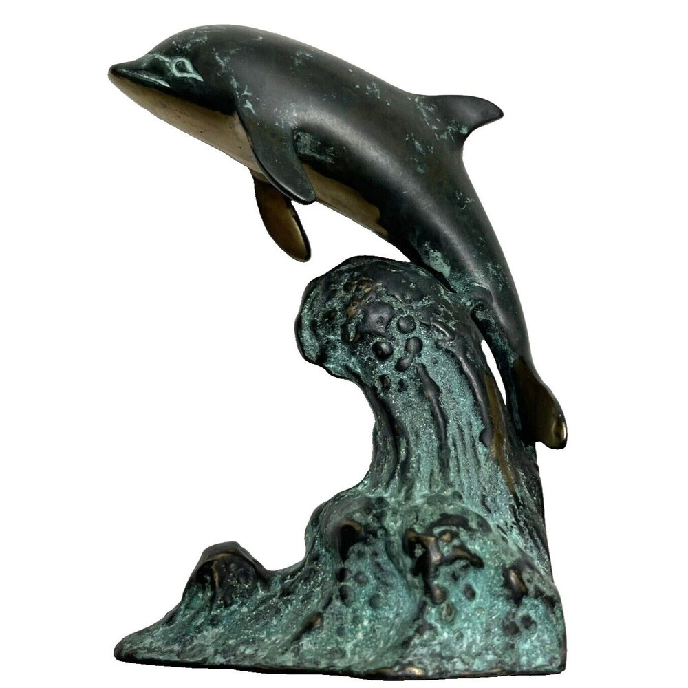 Brass Dolphin Statue Vintage Art Deco Brass Sculpture Patina Metal Base 6" High